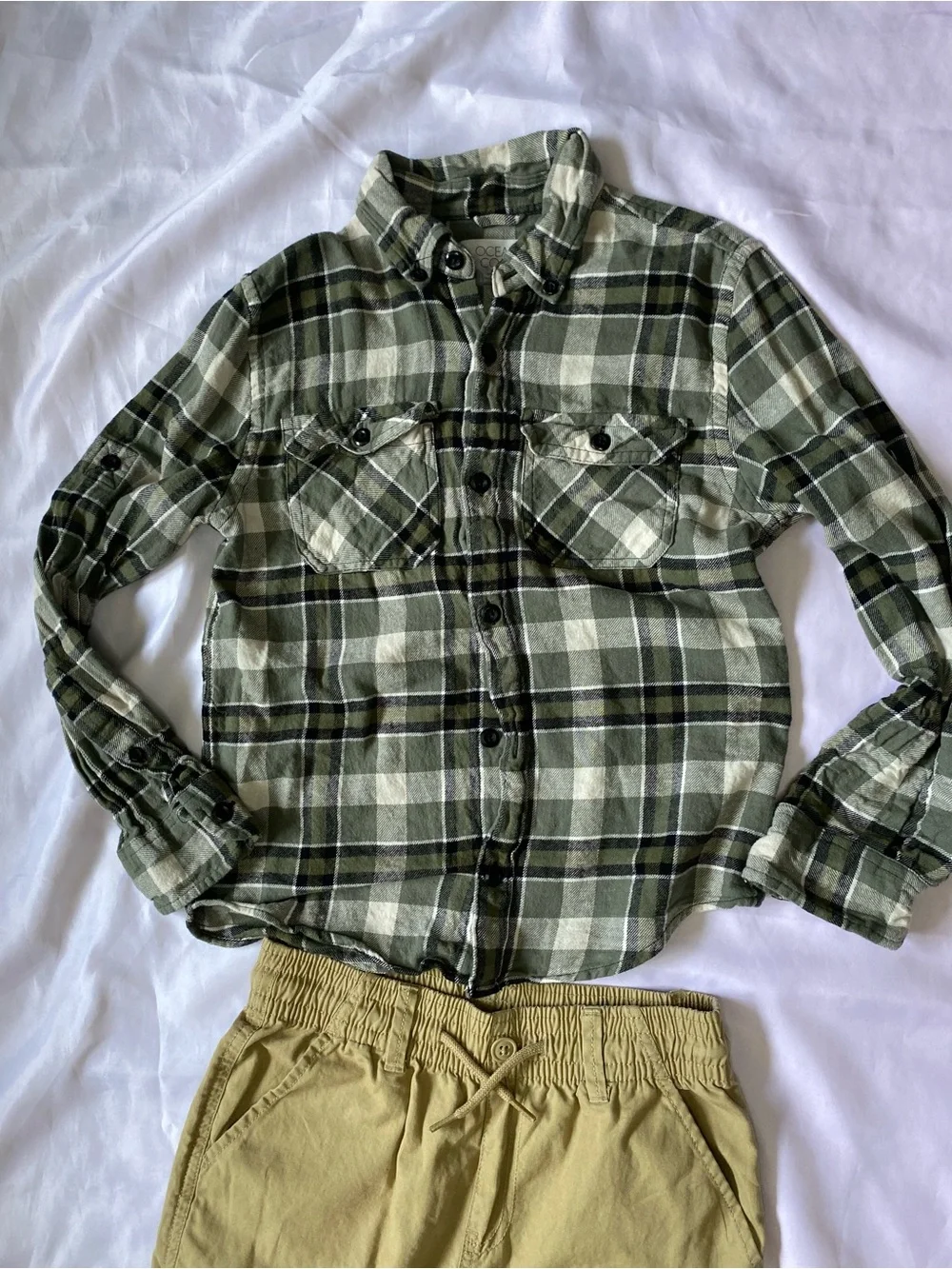 The Children's Place Khaki Cargo Pants with Olive Green Plaid Shirt